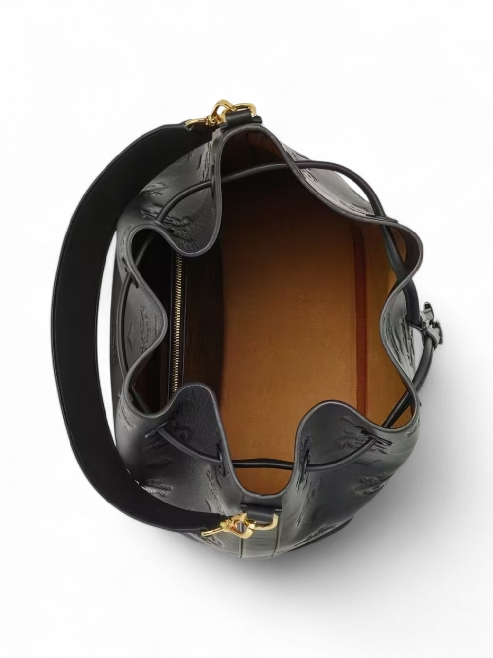 MCM Black Embossed Leather Drawstring Bucket Bag - Picture 2 of 6